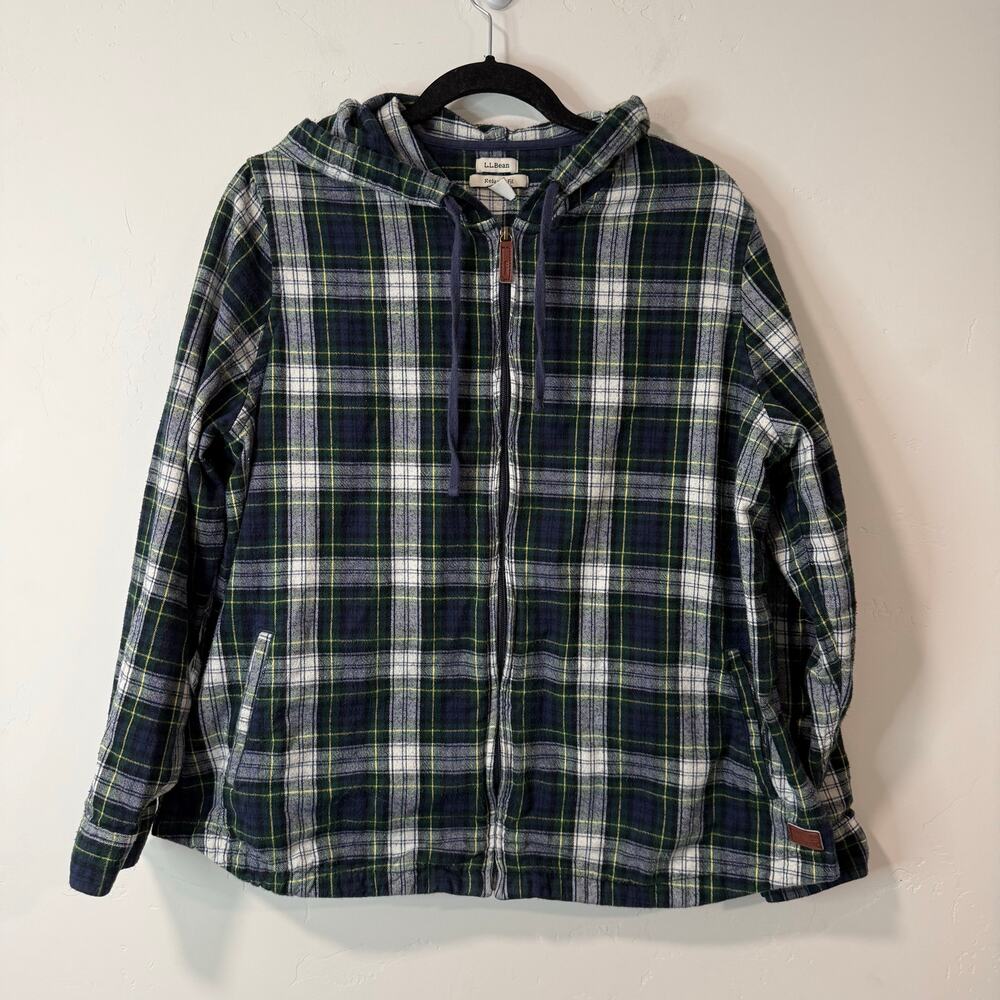 L.L.‎ Bean Women's Scotch Plaid Flannel Shirt Relaxed Zip Hoodie Blue Green 1X